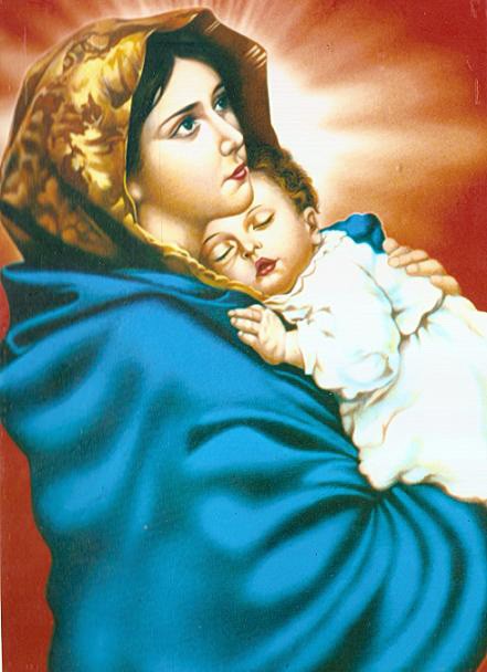 Mary cuddles her baby- Christ